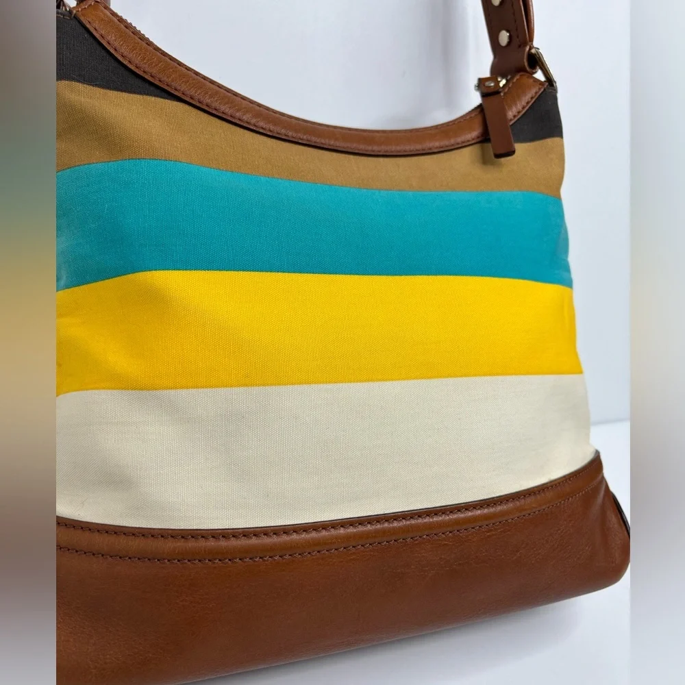 Kate Spade Retro Stripe Yellow‎ Teal Spring Nautical Coastal Beach Hobo Handbag